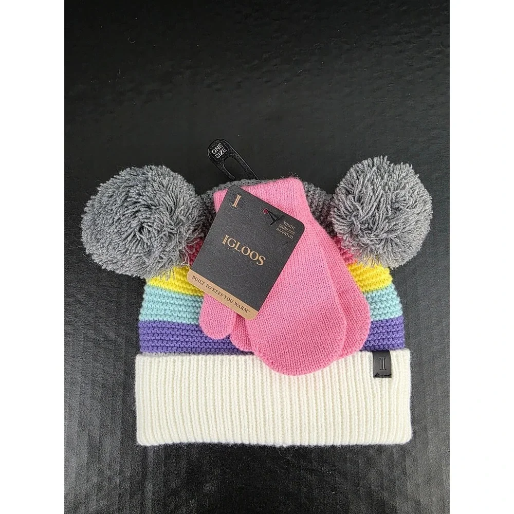 Igloos Youth Girls Rainbow Stripe Beanie‎ and Mittens Set Pink Grey OS NWT